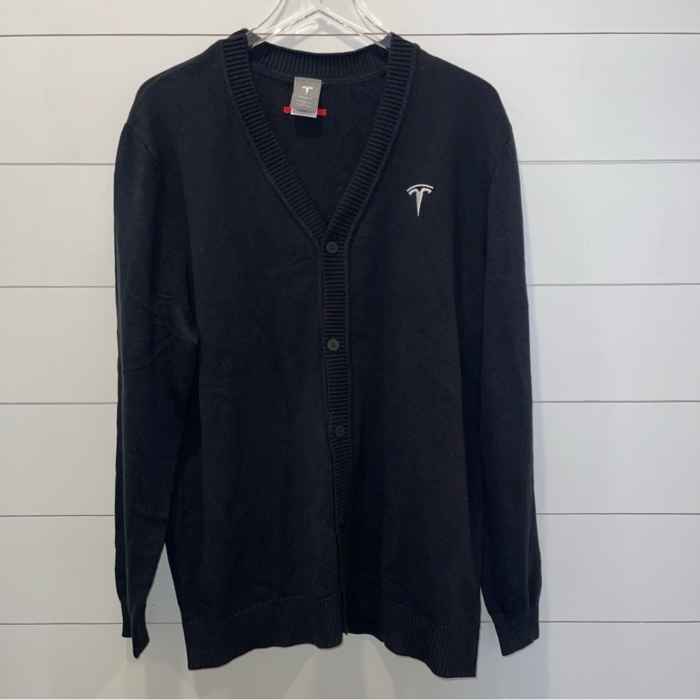 Tesla Logo Men's Black Cardigan Sweater Size